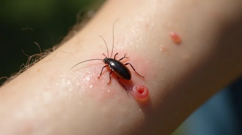 zoom in view of an arm with cockroach on it and a bite