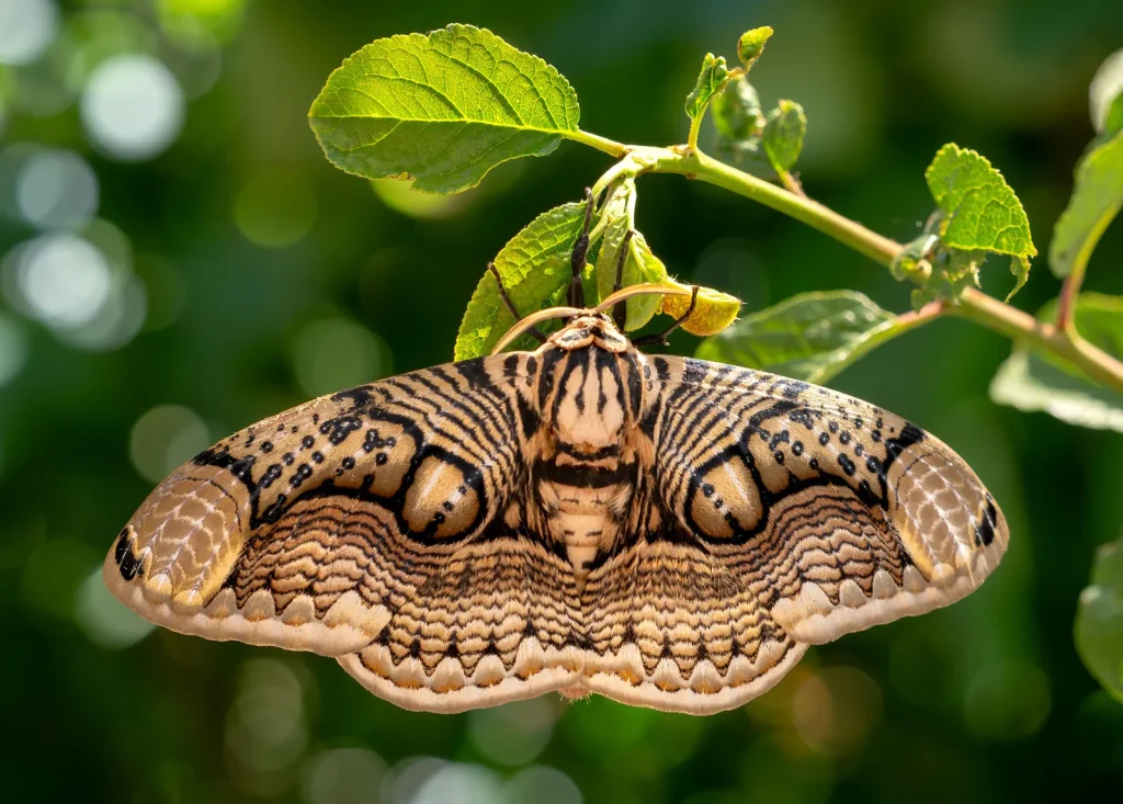 zoomed view of a meal moth on a leaf
