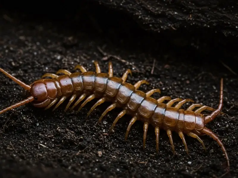 Close-up of a centipede crawling on dark soil.