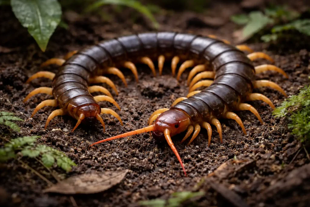 Close-up of a centipede crawling on forest soil.